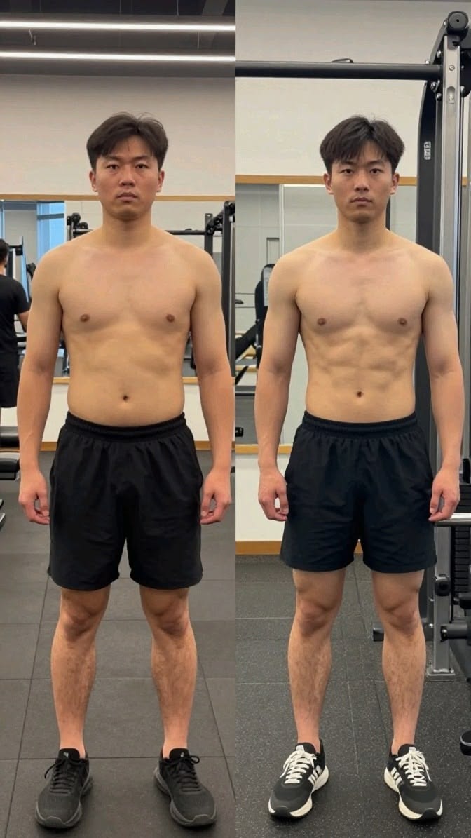 Transformação corporal antes e depois de um aluno do plano Elite