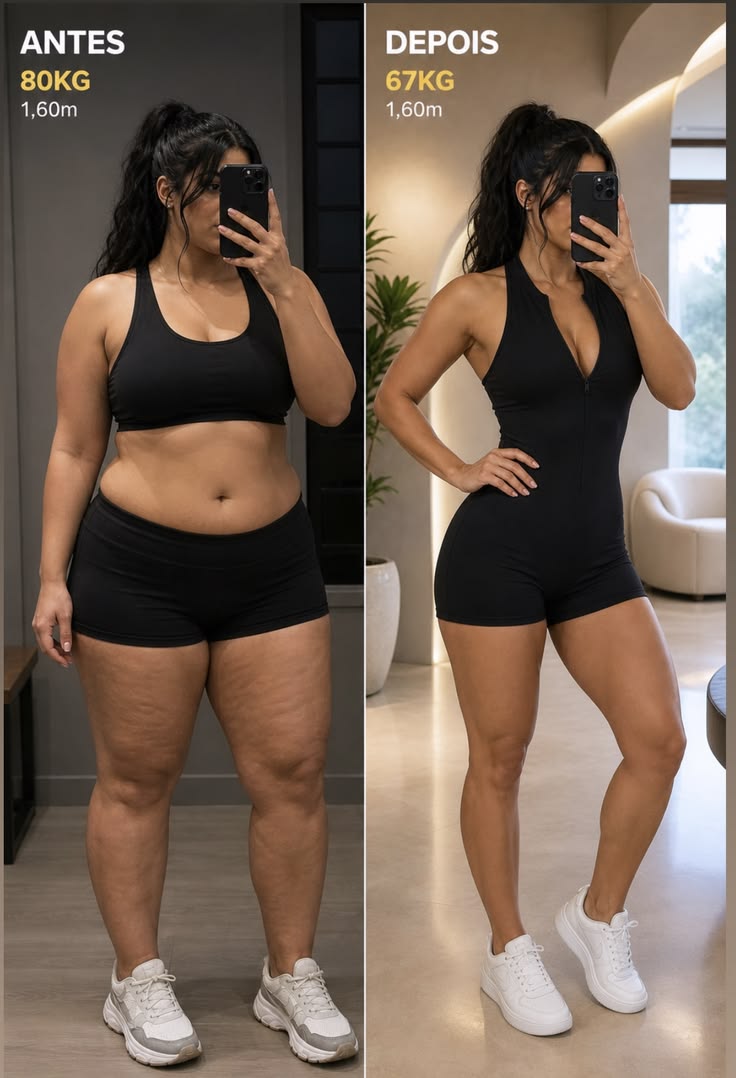Transformação corporal antes e depois de uma usuária do plano Pro